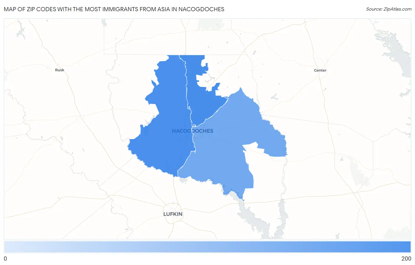 Zip Codes with the Most Immigrants from Asia in Nacogdoches Map