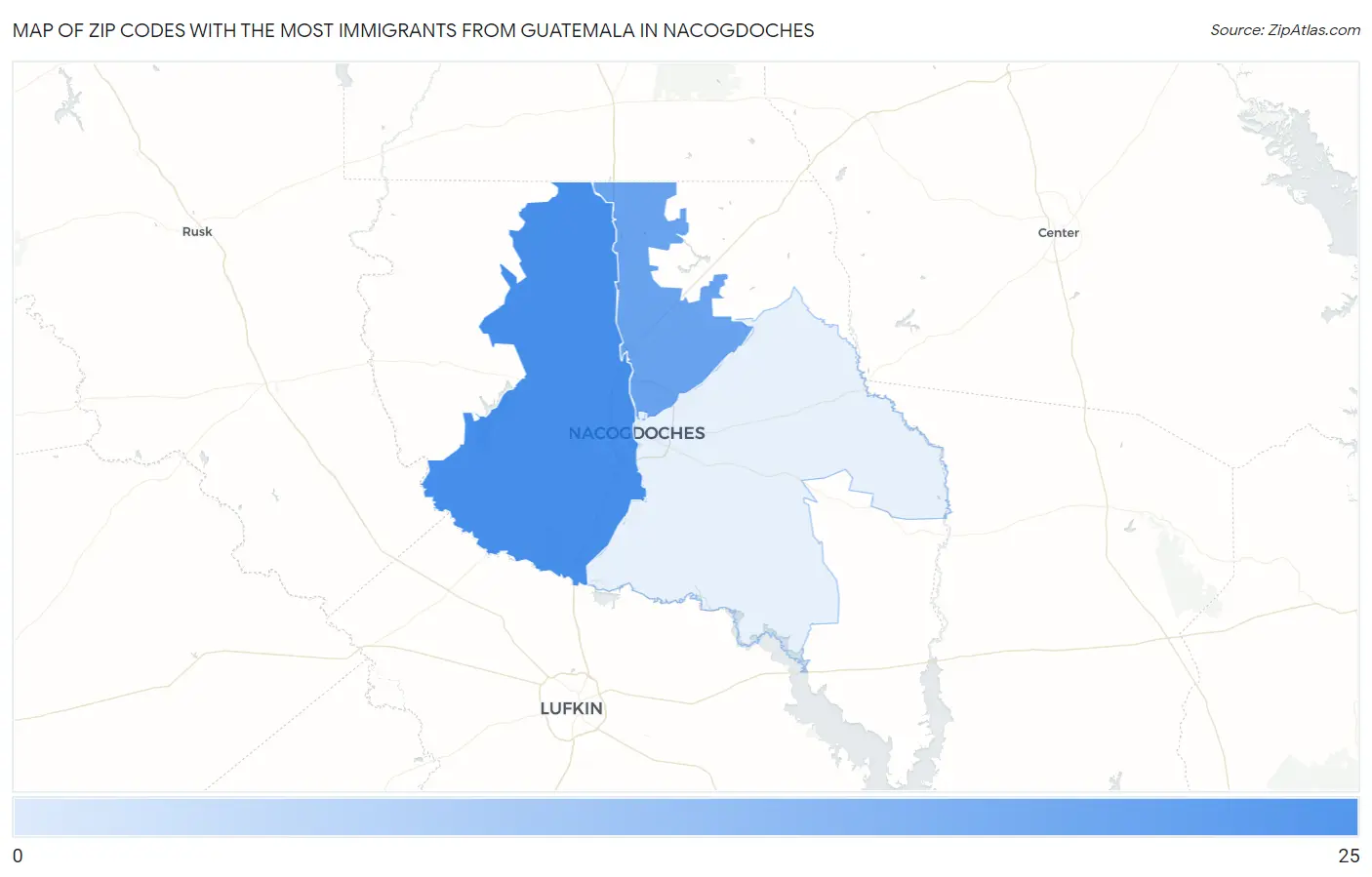 Zip Codes with the Most Immigrants from Guatemala in Nacogdoches Map