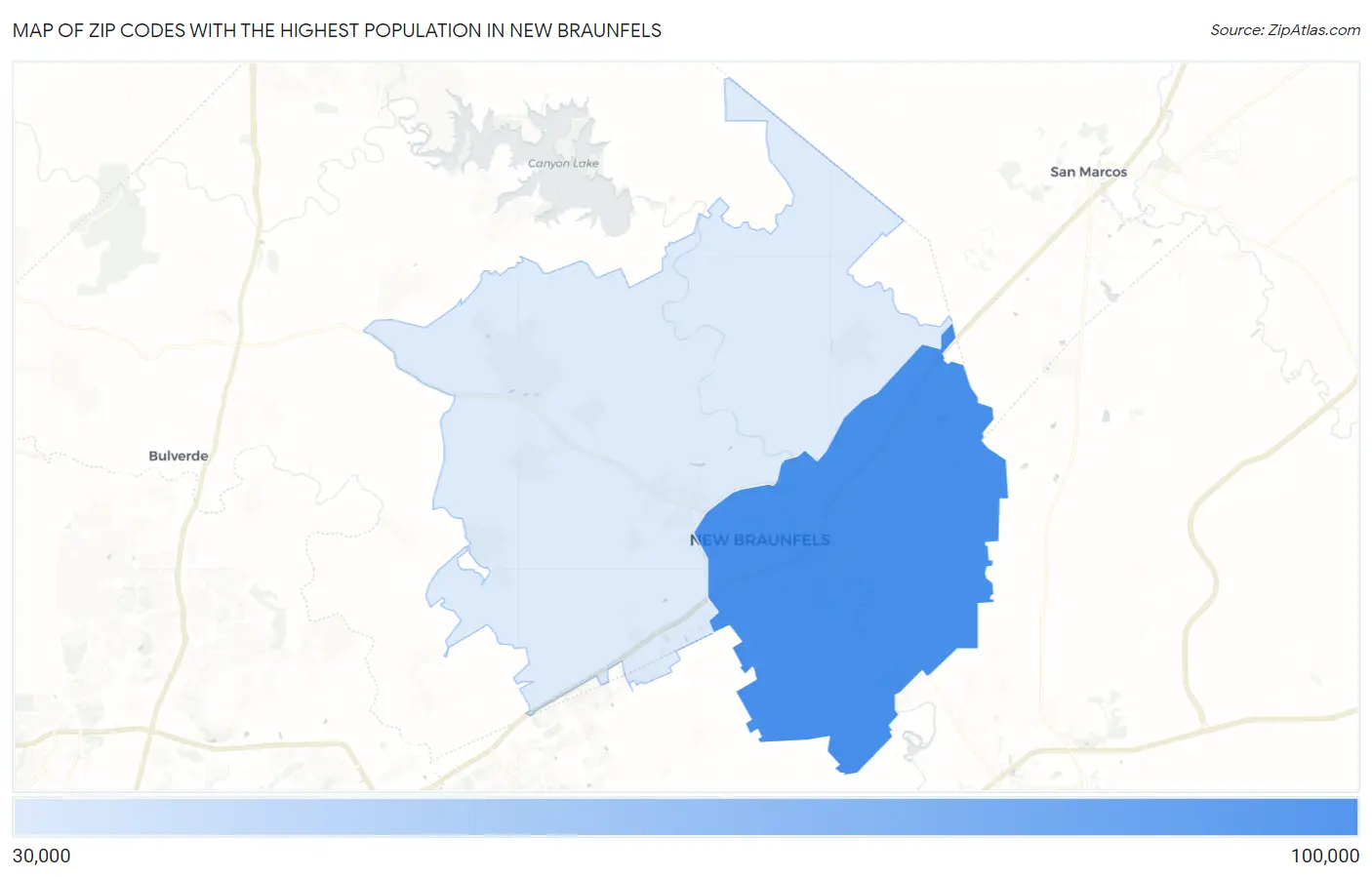 Zip Codes with the Highest Population in New Braunfels Map
