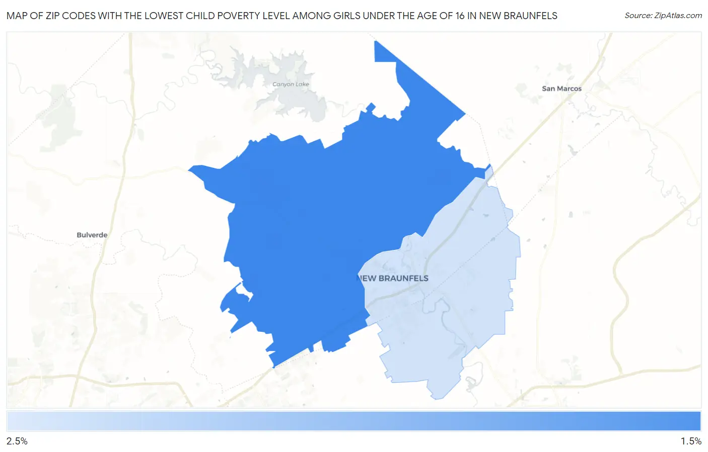 Zip Codes with the Lowest Child Poverty Level Among Girls Under the Age of 16 in New Braunfels Map