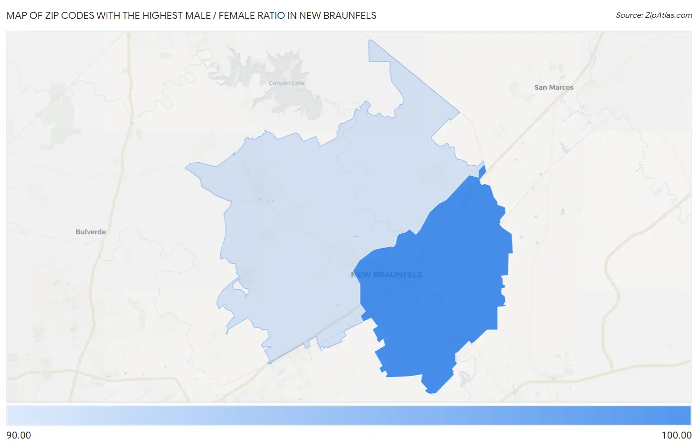 Zip Codes with the Highest Male / Female Ratio in New Braunfels Map
