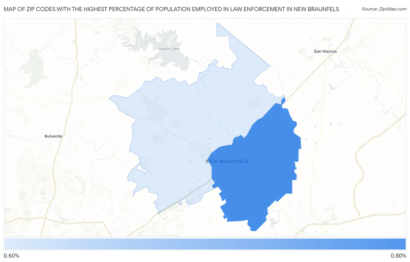 Zip Codes with the Highest Percentage of Population Employed in Law Enforcement in New Braunfels Map