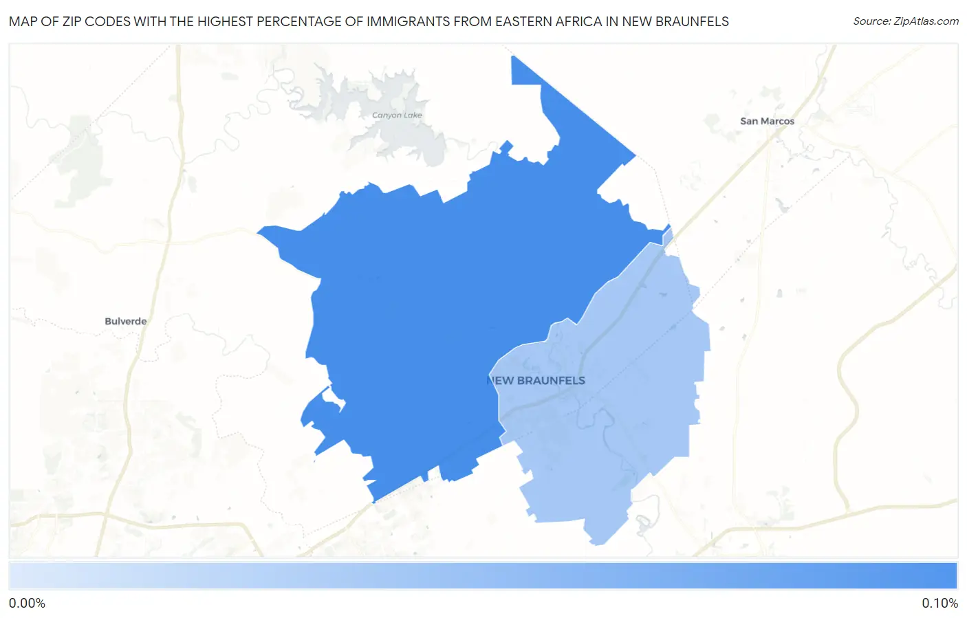 Zip Codes with the Highest Percentage of Immigrants from Eastern Africa in New Braunfels Map