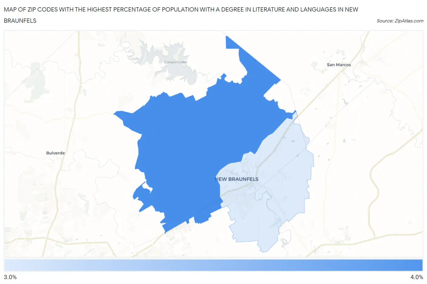 Zip Codes with the Highest Percentage of Population with a Degree in Literature and Languages in New Braunfels Map