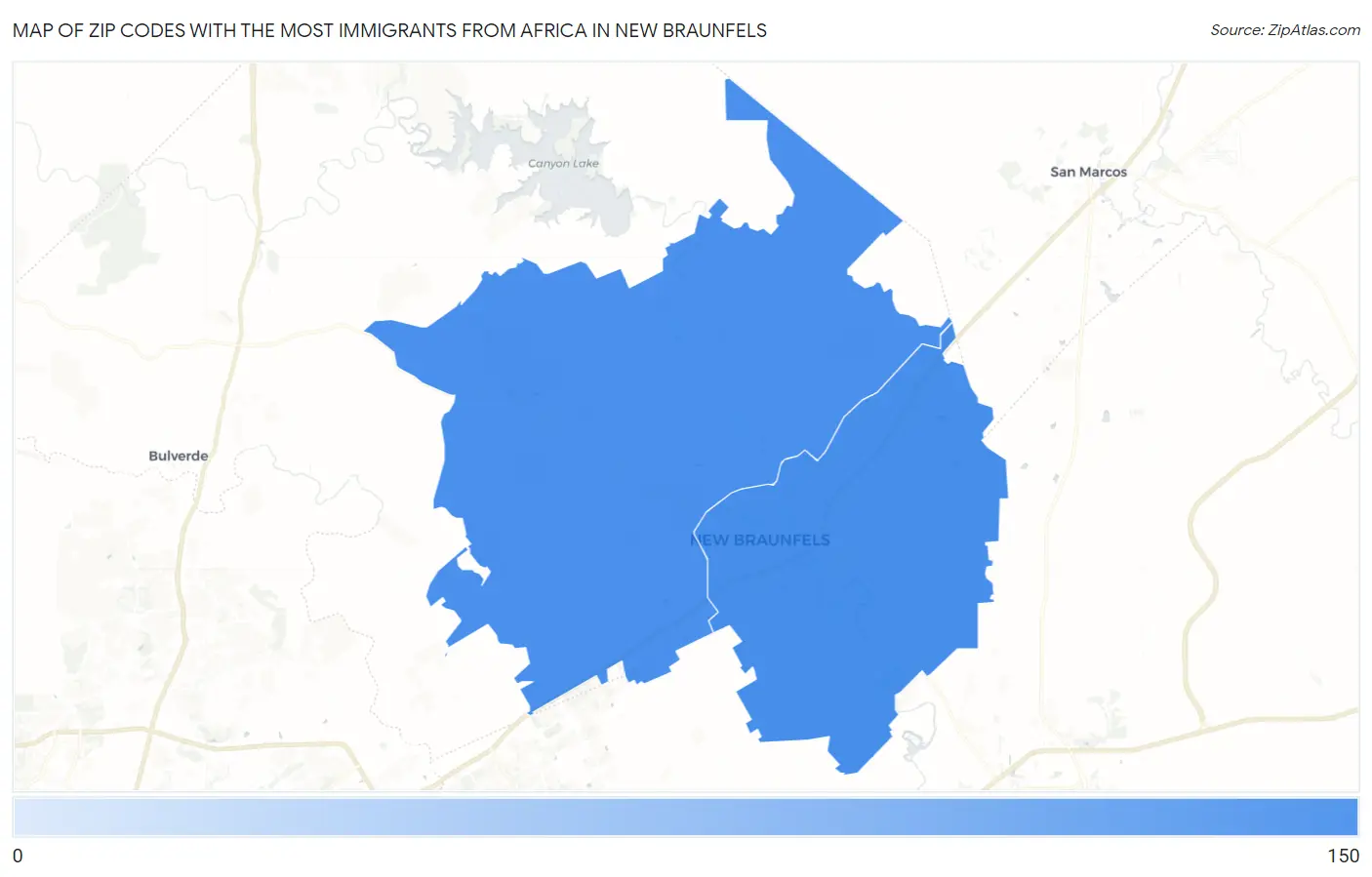 Zip Codes with the Most Immigrants from Africa in New Braunfels Map
