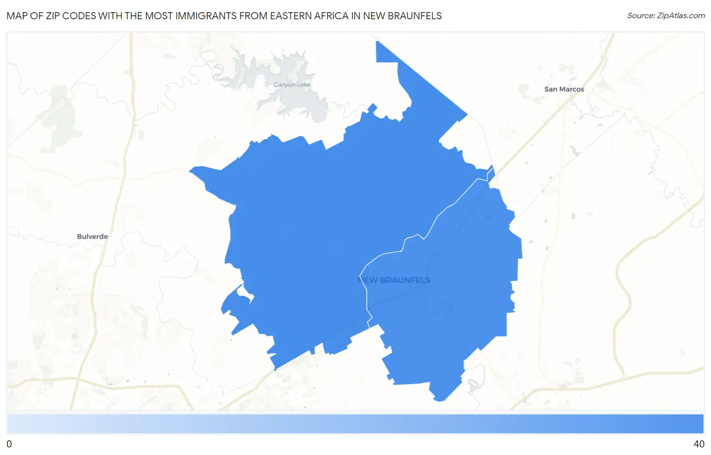 Zip Codes with the Most Immigrants from Eastern Africa in New Braunfels Map