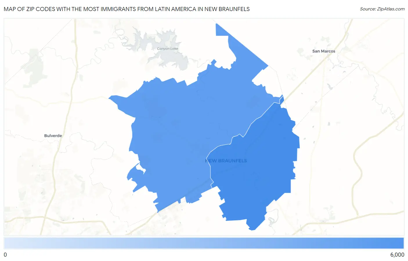 Zip Codes with the Most Immigrants from Latin America in New Braunfels Map