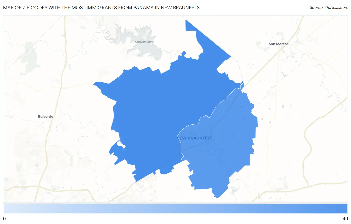 Zip Codes with the Most Immigrants from Panama in New Braunfels Map