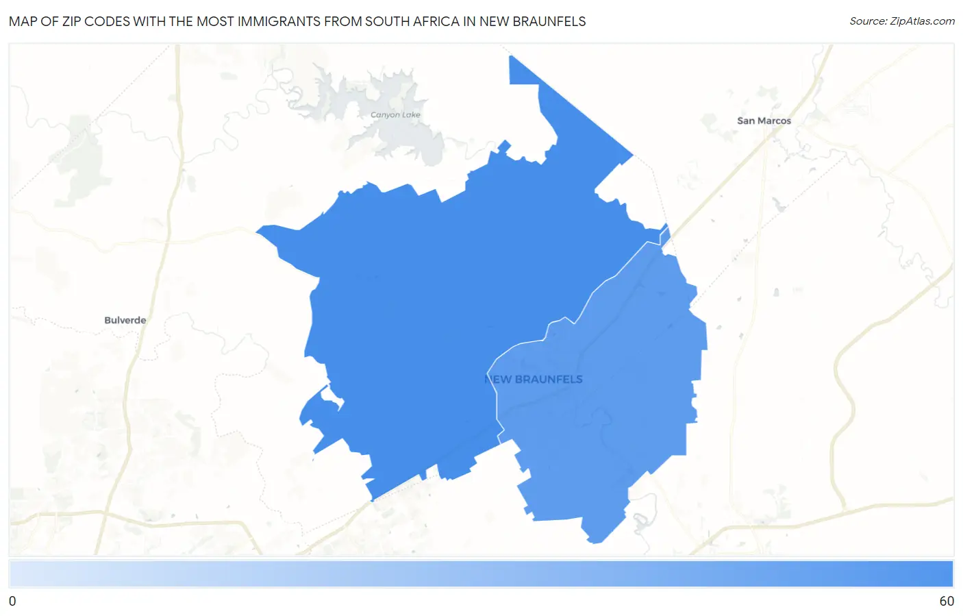 Zip Codes with the Most Immigrants from South Africa in New Braunfels Map