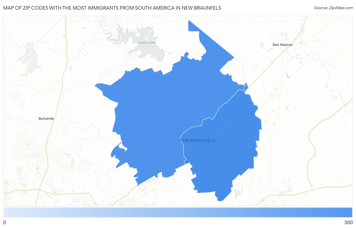 Zip Codes with the Most Immigrants from South America in New Braunfels Map