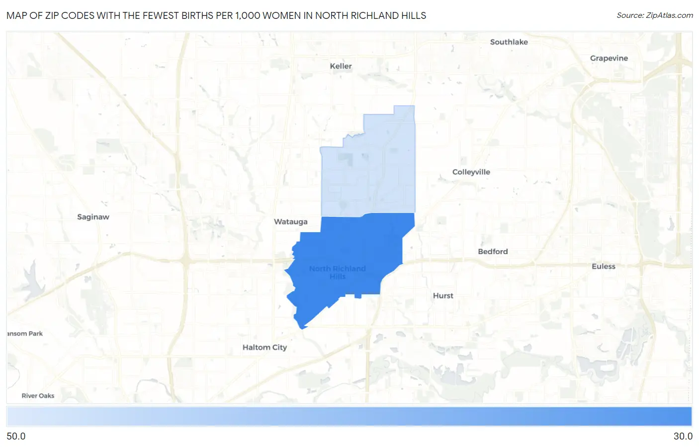 Zip Codes with the Fewest Births per 1,000 Women in North Richland Hills Map