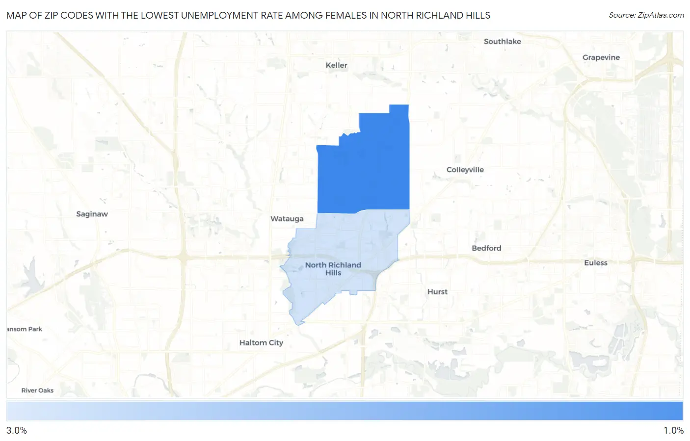 Zip Codes with the Lowest Unemployment Rate Among Females in North Richland Hills Map