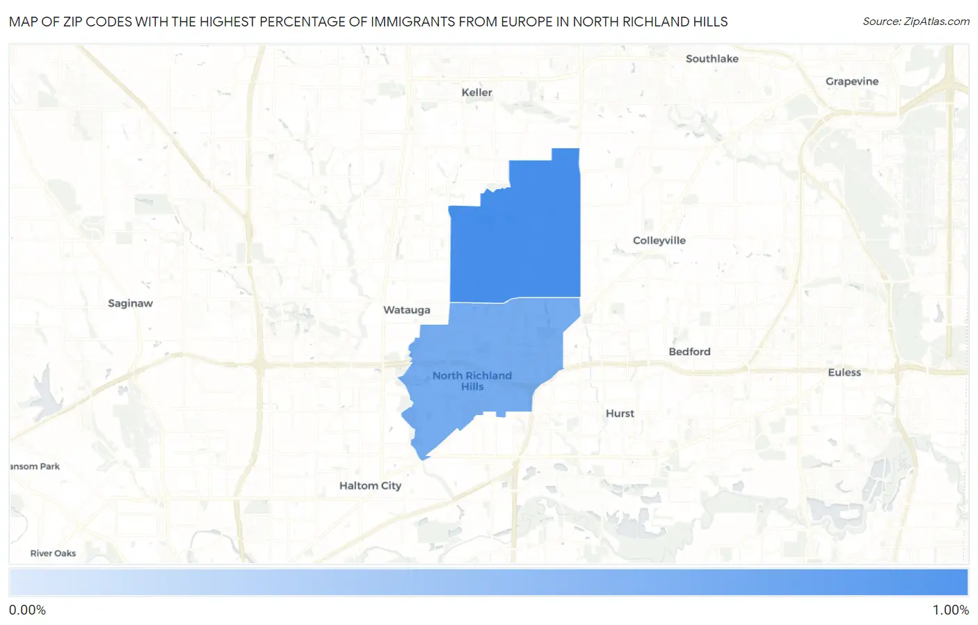 Zip Codes with the Highest Percentage of Immigrants from Europe in North Richland Hills Map