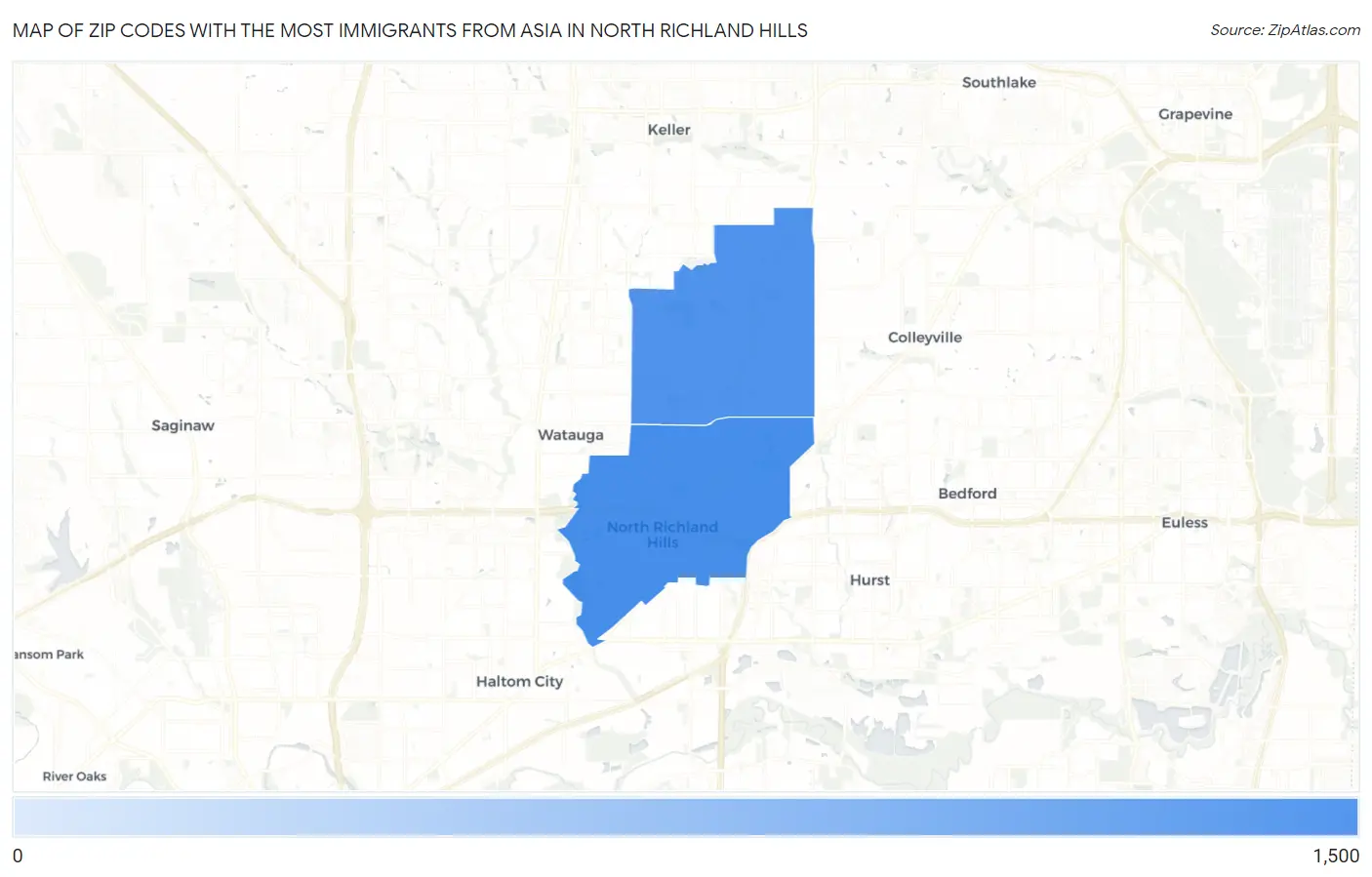Zip Codes with the Most Immigrants from Asia in North Richland Hills Map