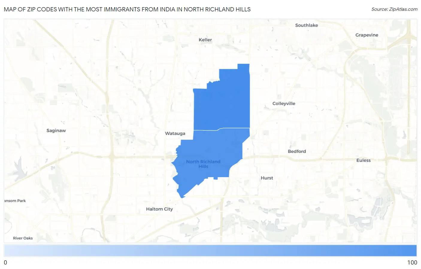 Zip Codes with the Most Immigrants from India in North Richland Hills Map