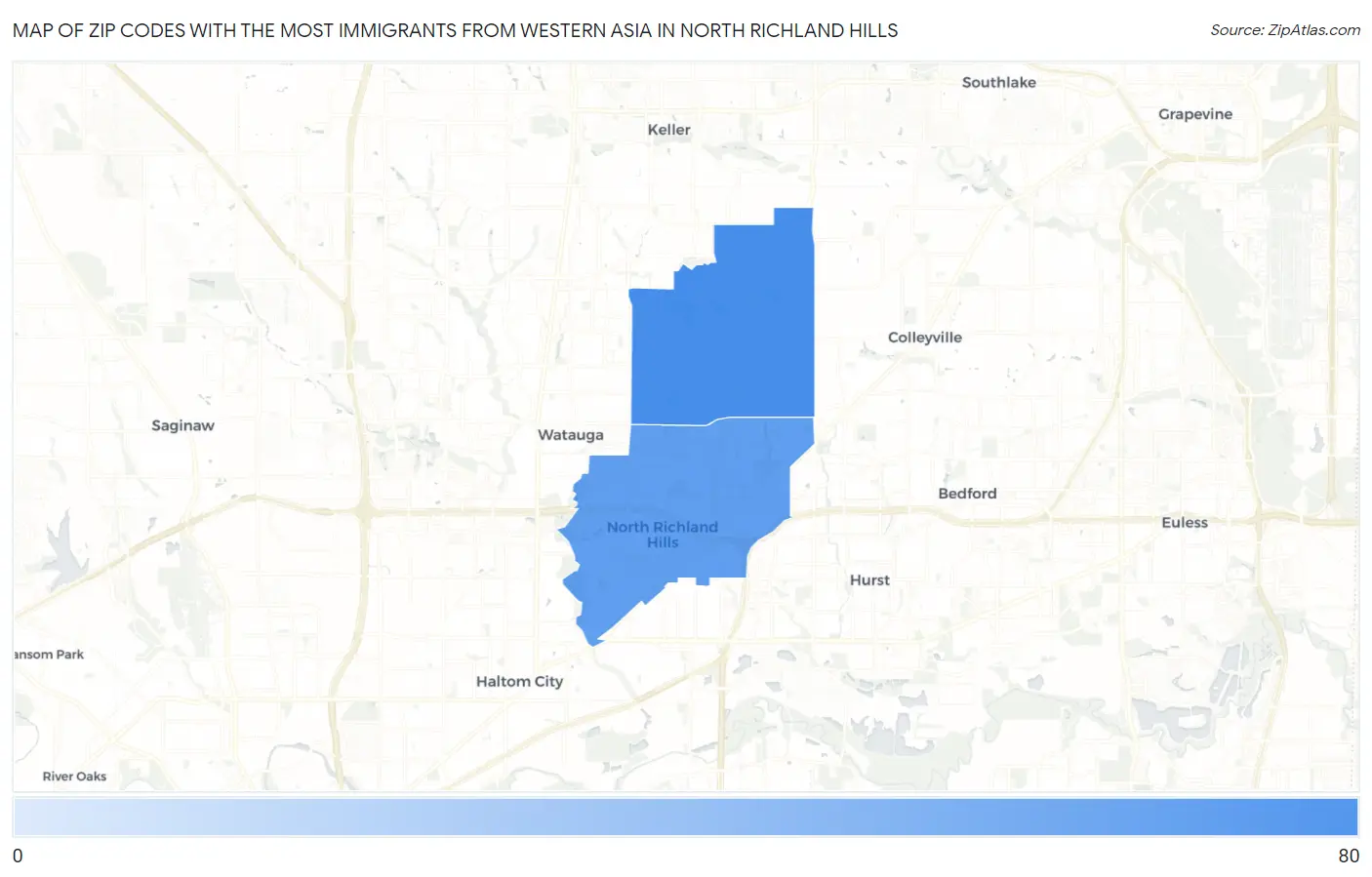 Zip Codes with the Most Immigrants from Western Asia in North Richland Hills Map