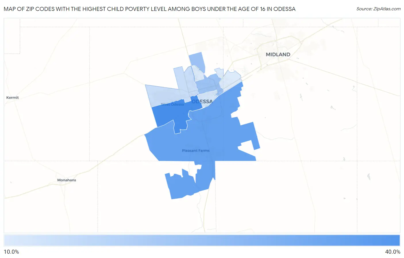 Zip Codes with the Highest Child Poverty Level Among Boys Under the Age of 16 in Odessa Map