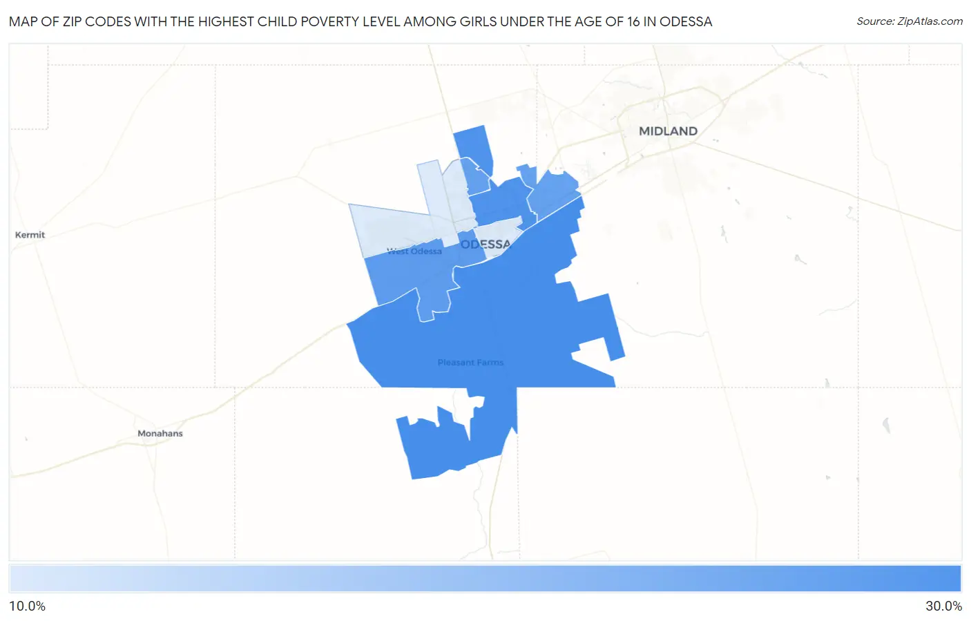 Zip Codes with the Highest Child Poverty Level Among Girls Under the Age of 16 in Odessa Map