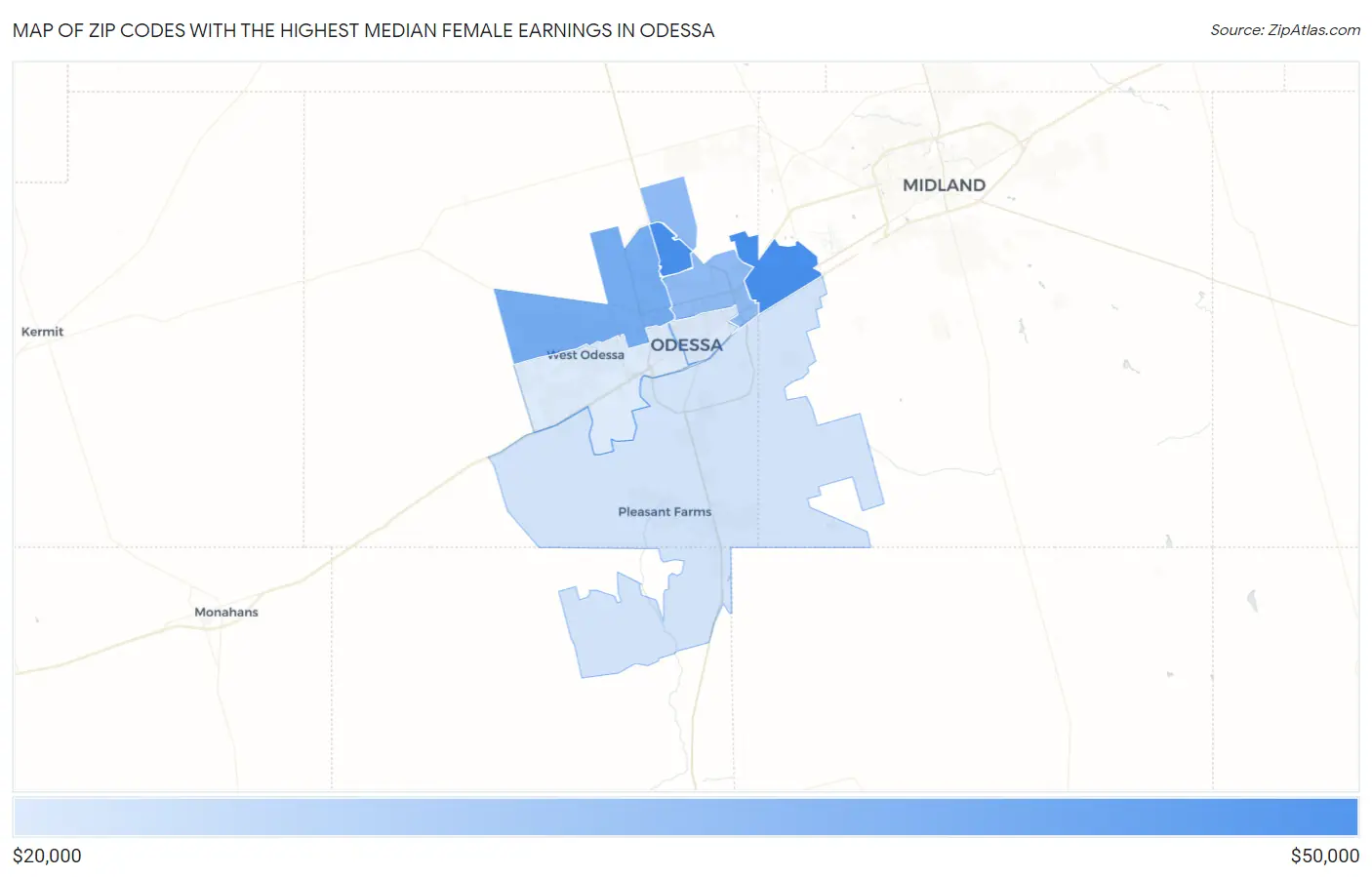 Zip Codes with the Highest Median Female Earnings in Odessa Map