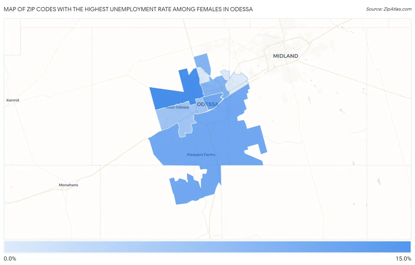 Zip Codes with the Highest Unemployment Rate Among Females in Odessa Map