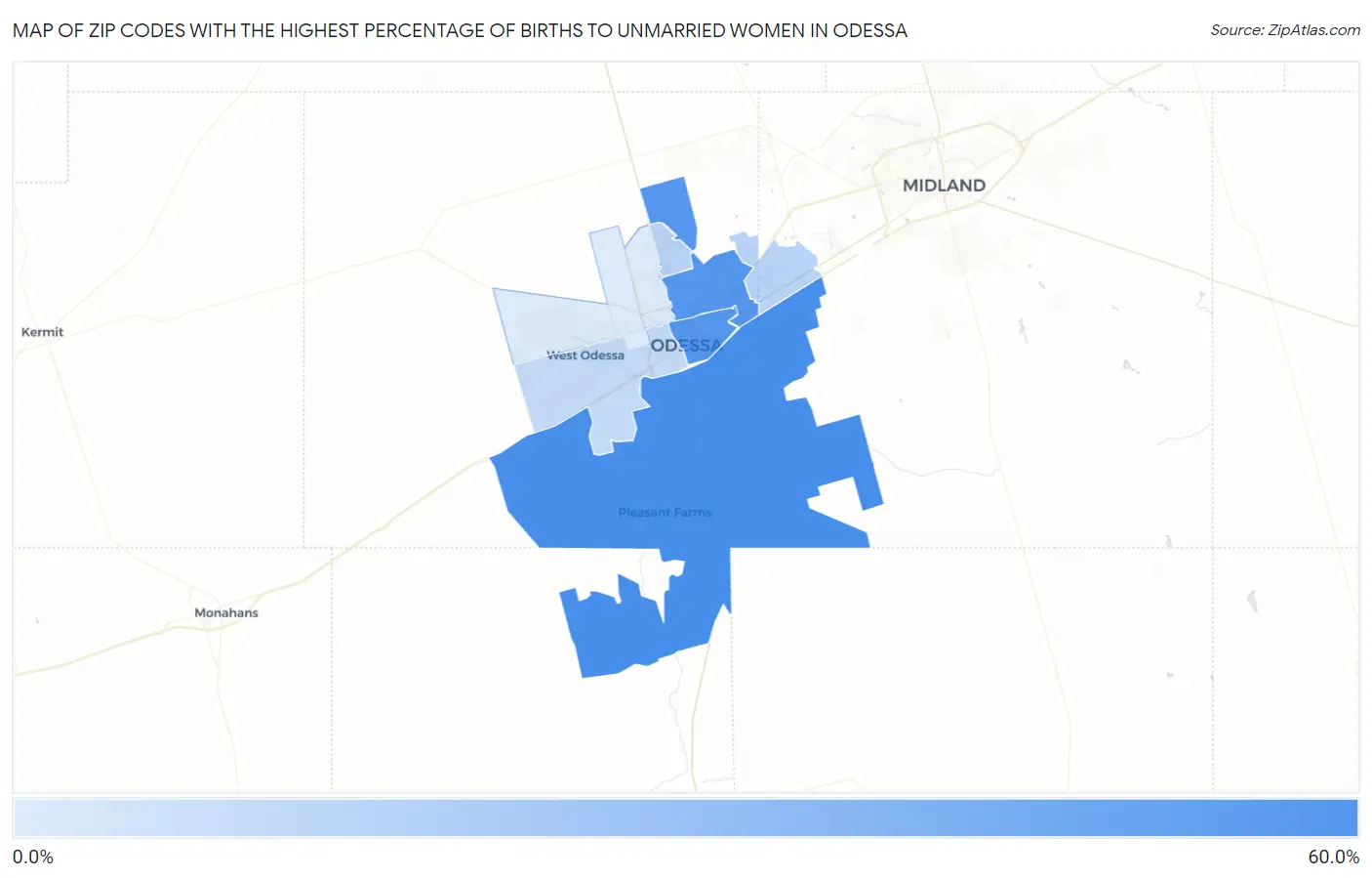 Zip Codes with the Highest Percentage of Births to Unmarried Women in Odessa Map