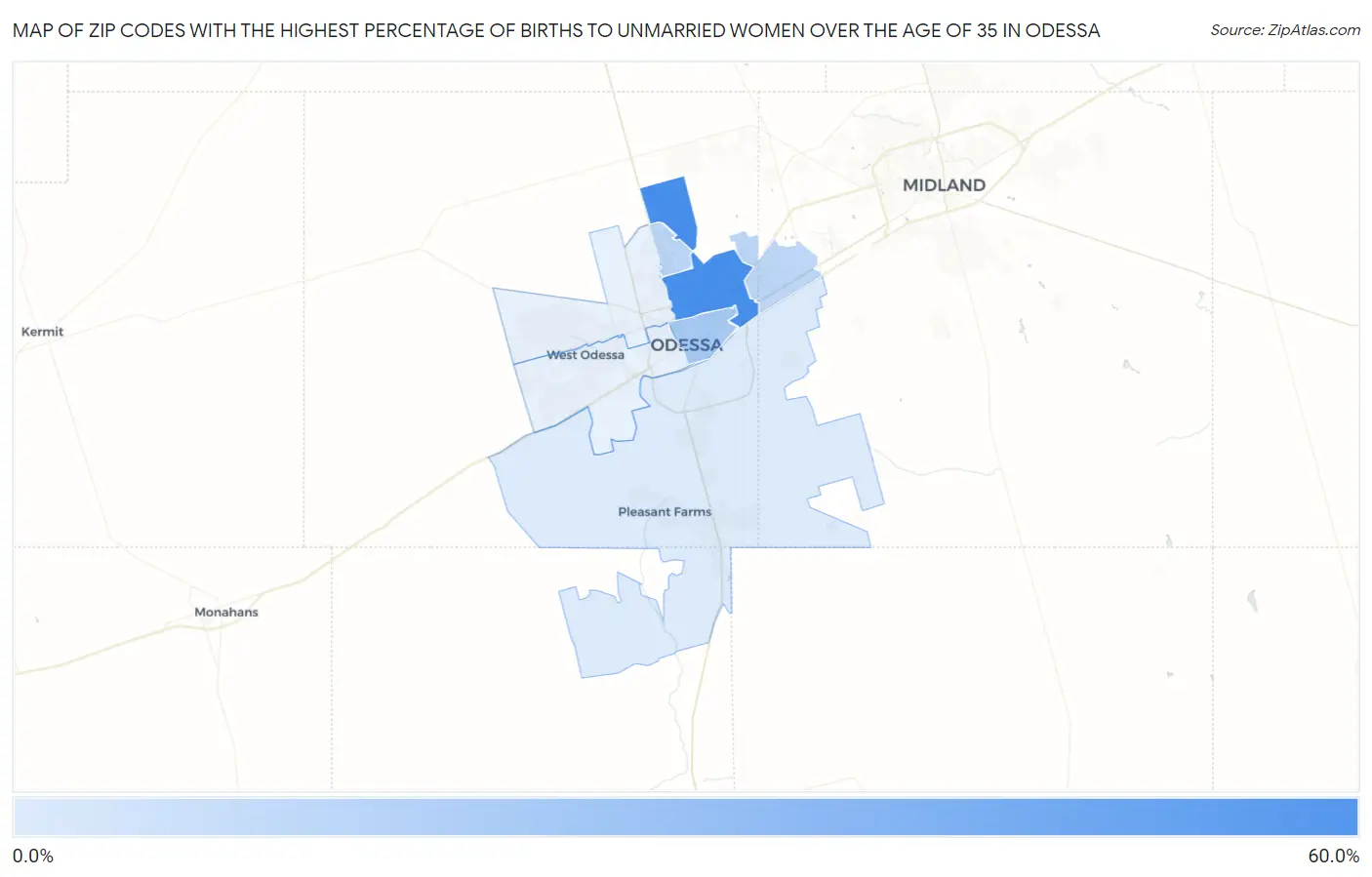 Zip Codes with the Highest Percentage of Births to Unmarried Women over the Age of 35 in Odessa Map