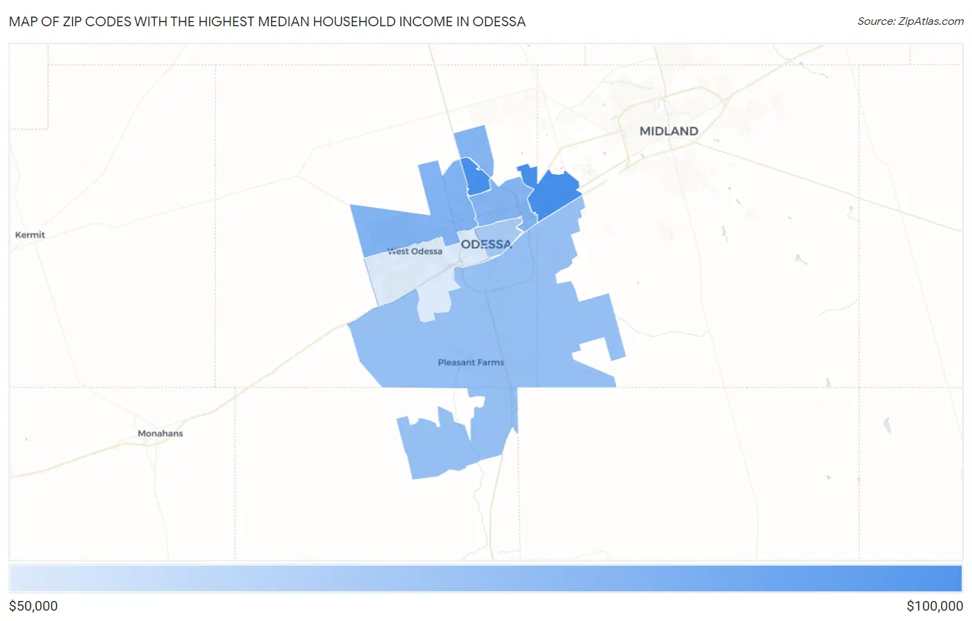 Zip Codes with the Highest Median Household Income in Odessa Map