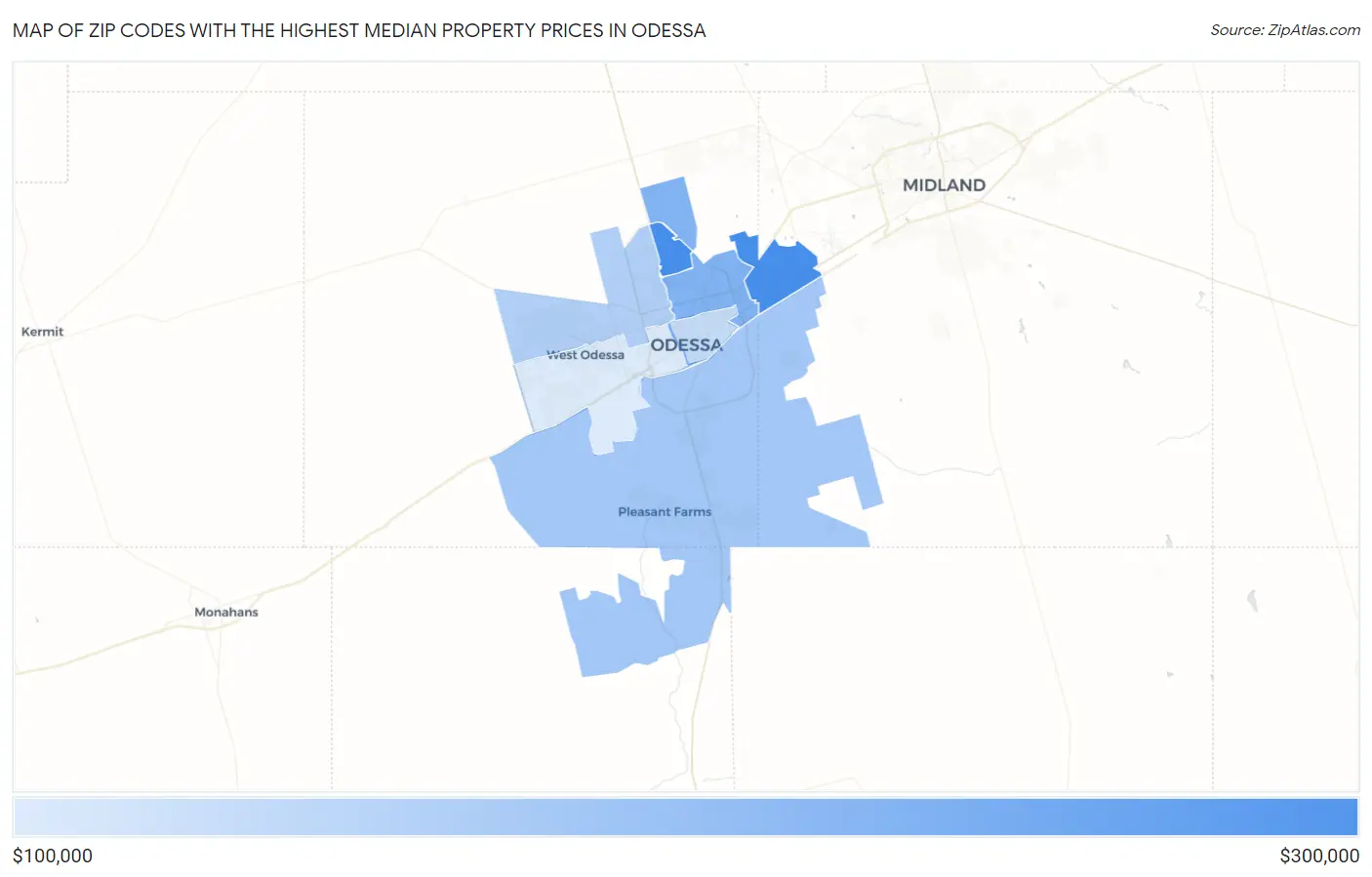 Zip Codes with the Highest Median Property Prices in Odessa Map