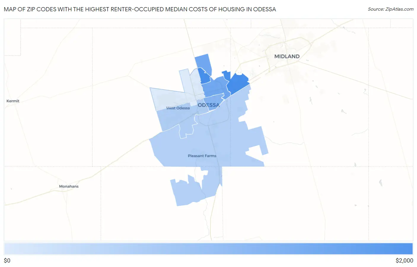 Zip Codes with the Highest Renter-Occupied Median Costs of Housing in Odessa Map