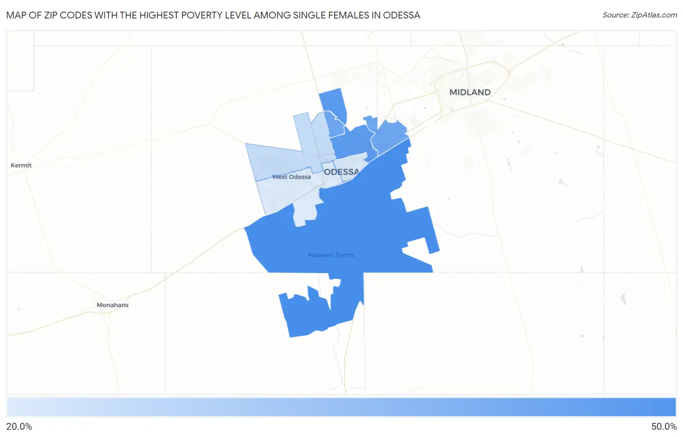 Zip Codes with the Highest Poverty Level Among Single Females in Odessa Map