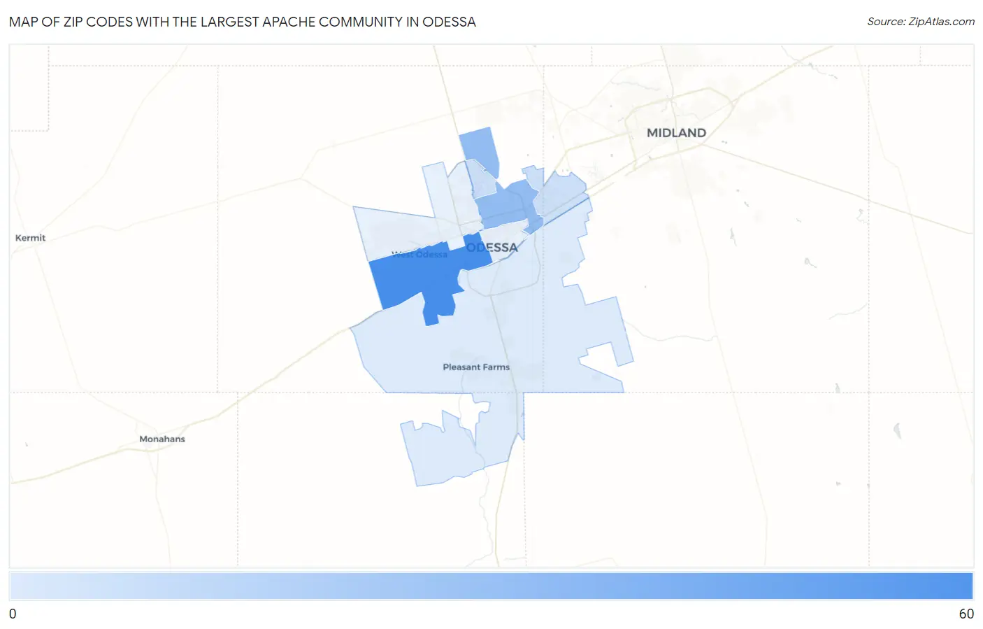 Zip Codes with the Largest Apache Community in Odessa Map
