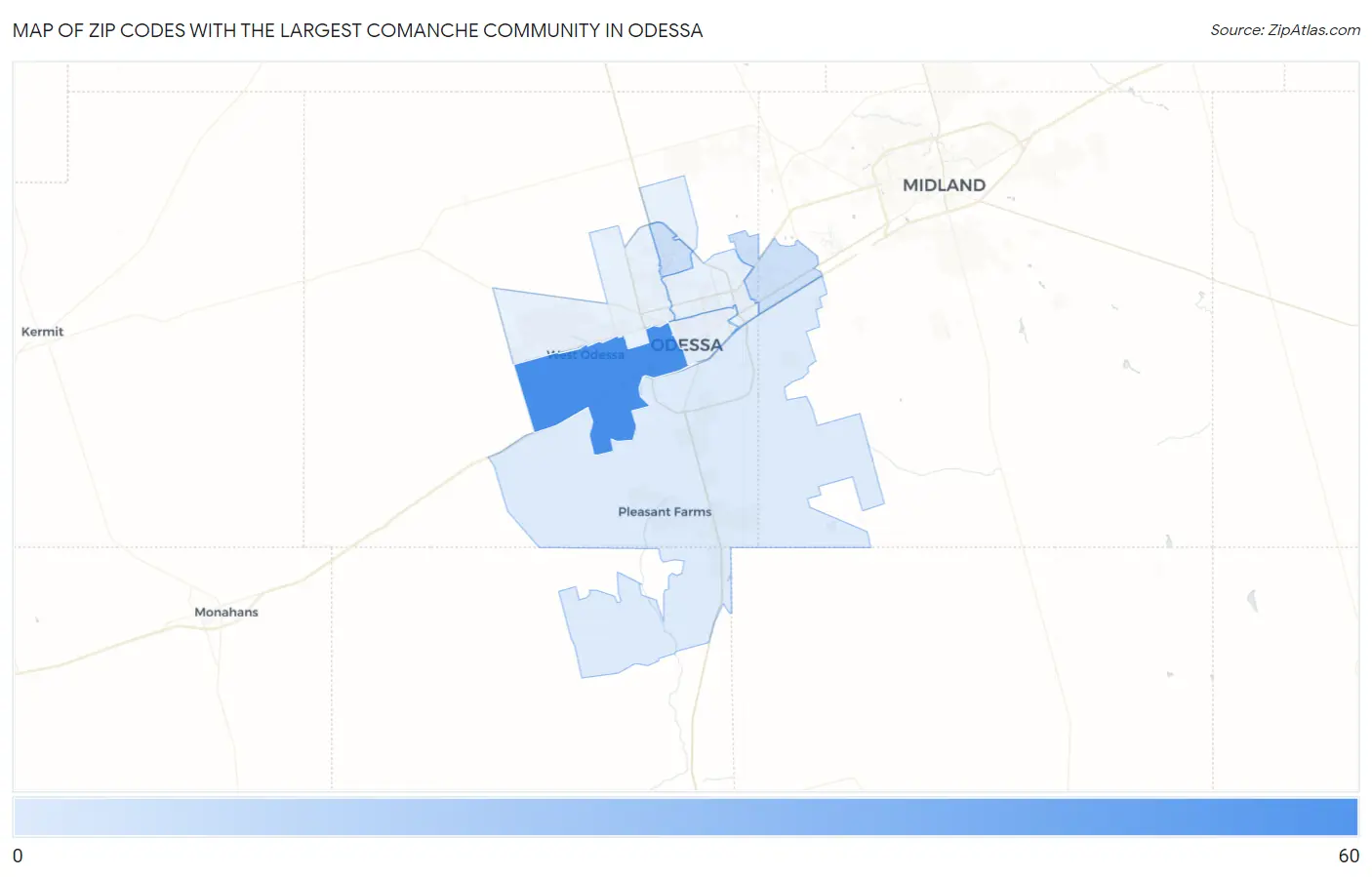 Zip Codes with the Largest Comanche Community in Odessa Map