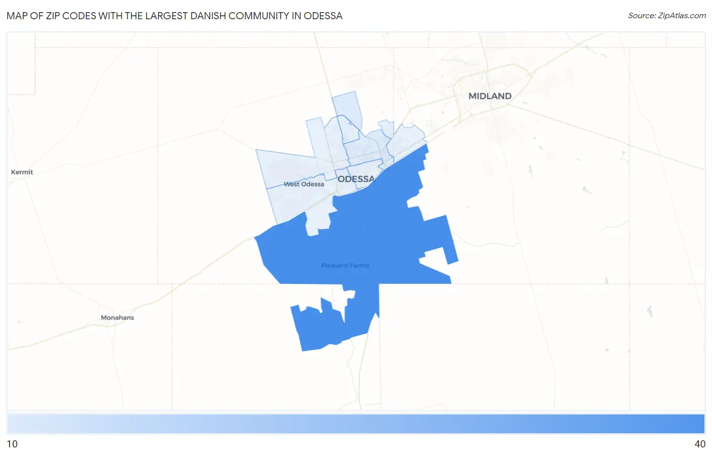 Zip Codes with the Largest Danish Community in Odessa Map