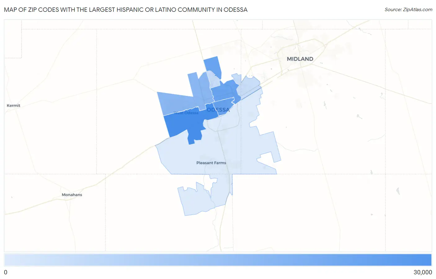 Zip Codes with the Largest Hispanic or Latino Community in Odessa Map
