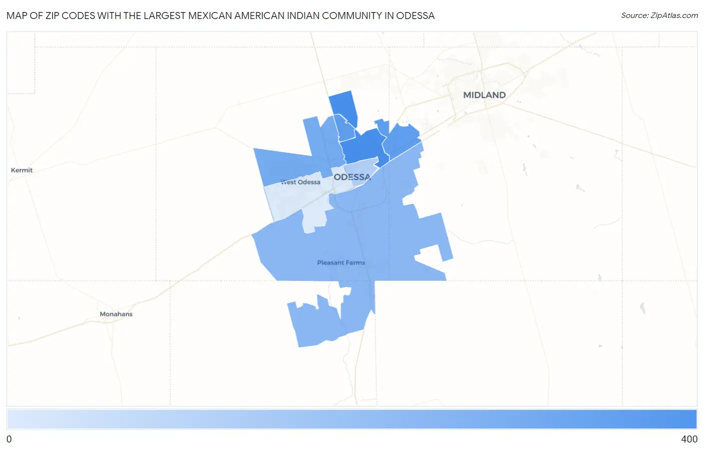 Zip Codes with the Largest Mexican American Indian Community in Odessa Map