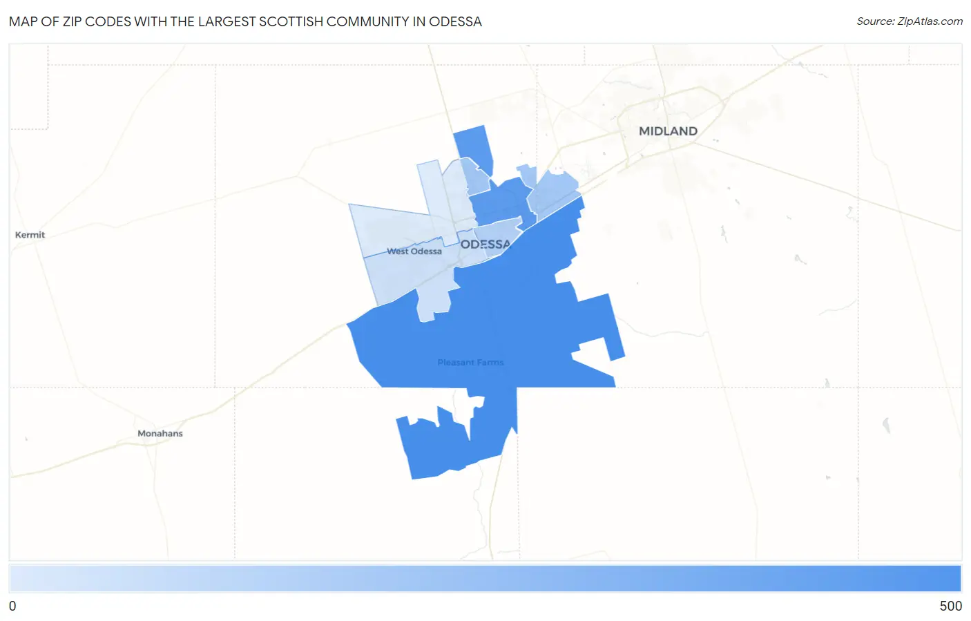 Zip Codes with the Largest Scottish Community in Odessa Map