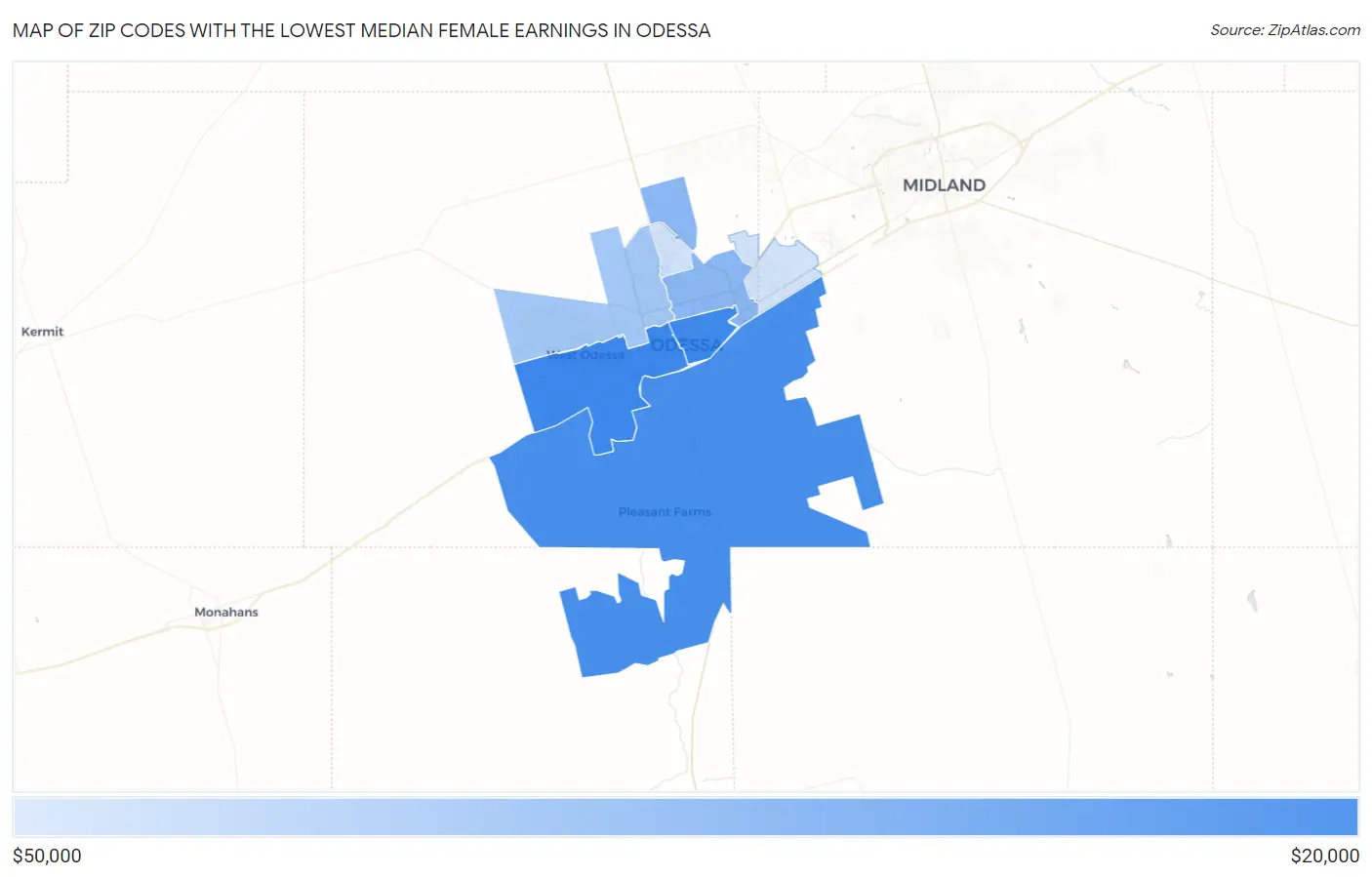 Zip Codes with the Lowest Median Female Earnings in Odessa Map