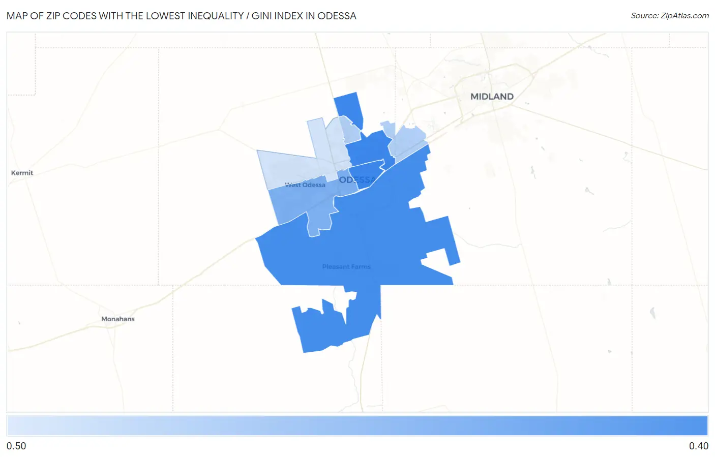 Zip Codes with the Lowest Inequality / Gini Index in Odessa Map