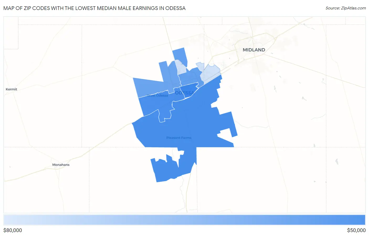 Zip Codes with the Lowest Median Male Earnings in Odessa Map