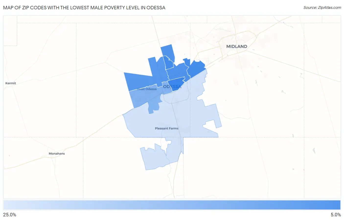 Zip Codes with the Lowest Male Poverty Level in Odessa Map