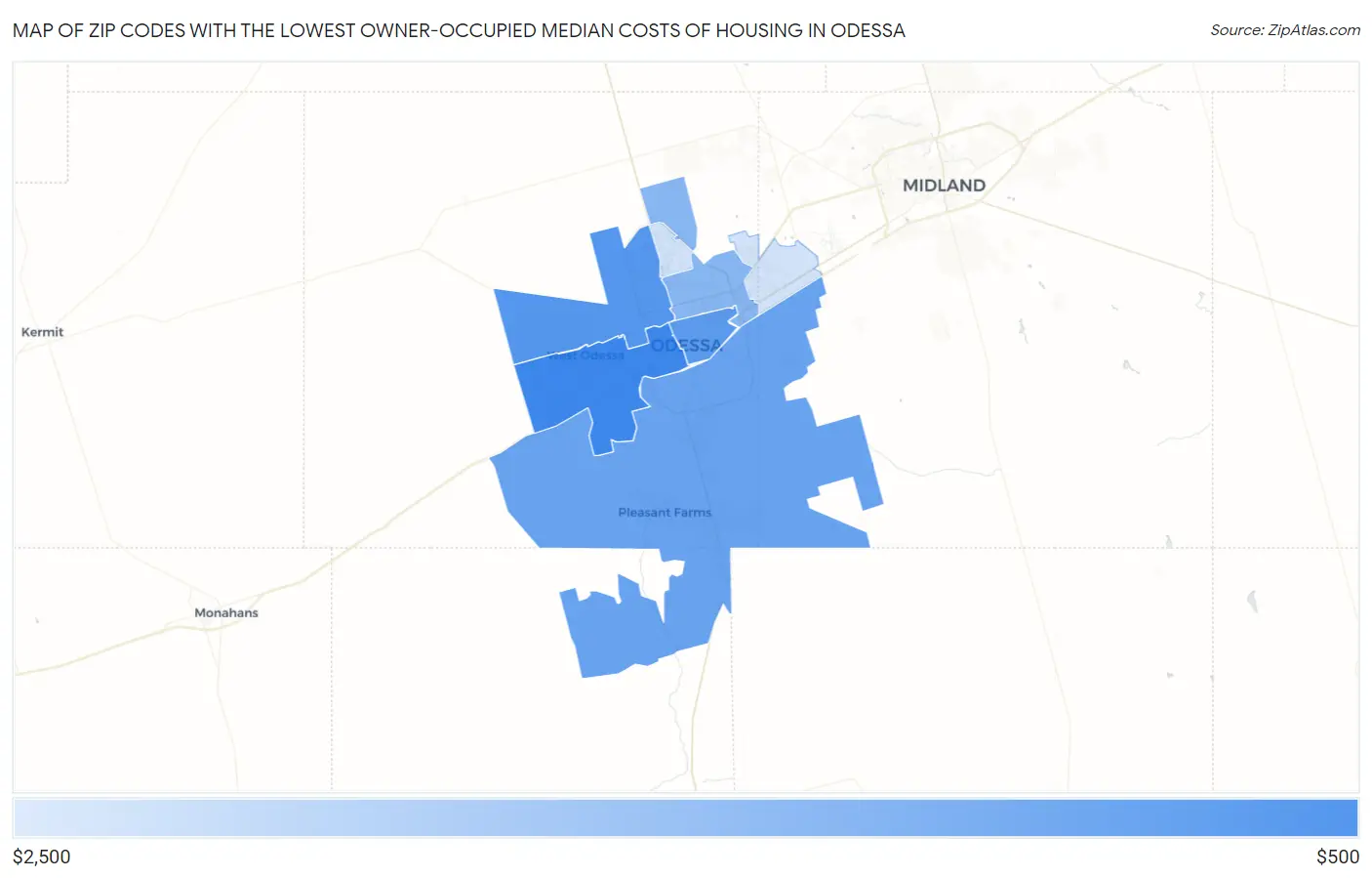 Zip Codes with the Lowest Owner-Occupied Median Costs of Housing in Odessa Map