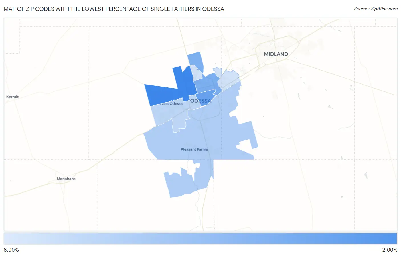 Zip Codes with the Lowest Percentage of Single Fathers in Odessa Map