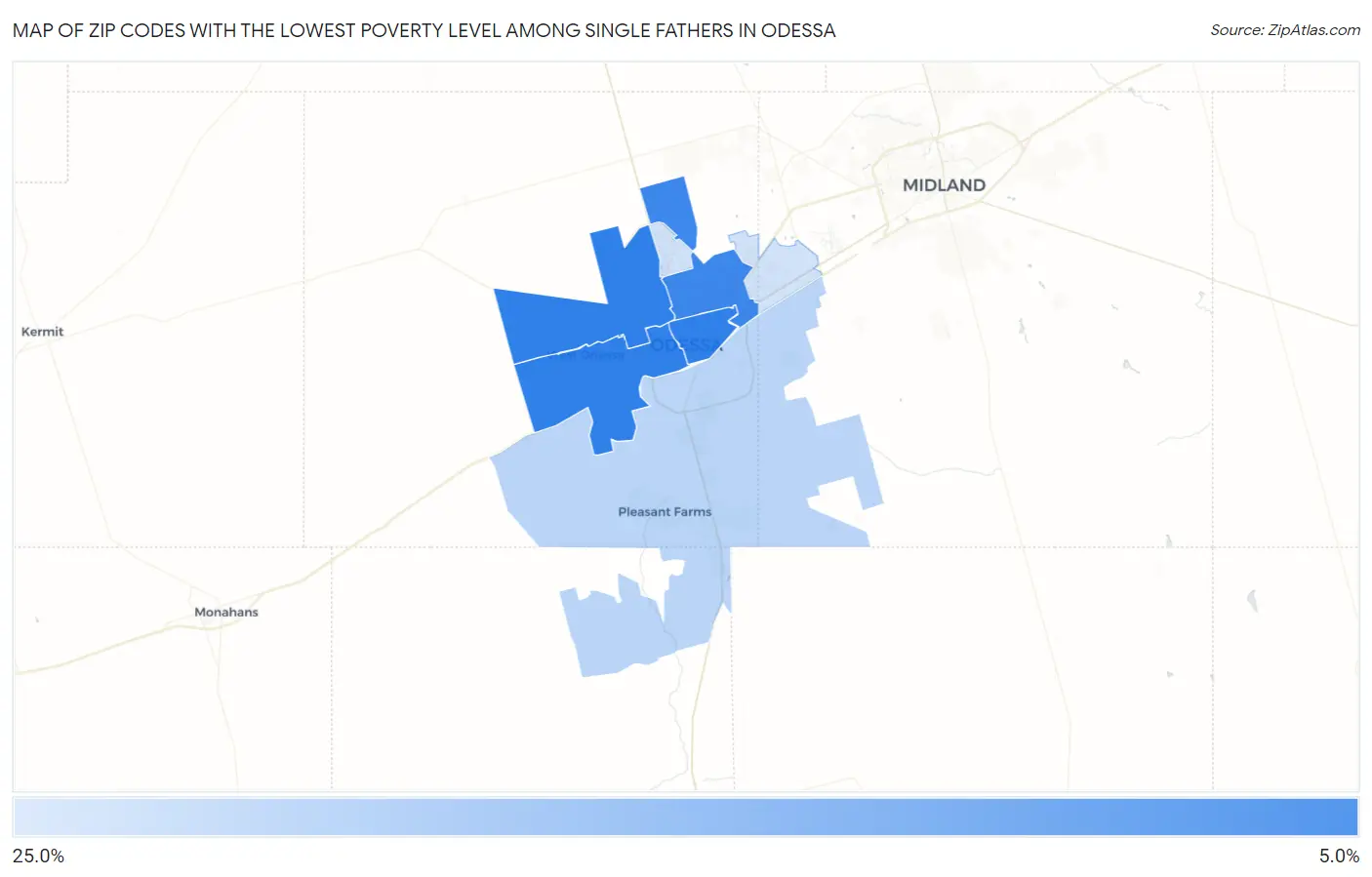 Zip Codes with the Lowest Poverty Level Among Single Fathers in Odessa Map