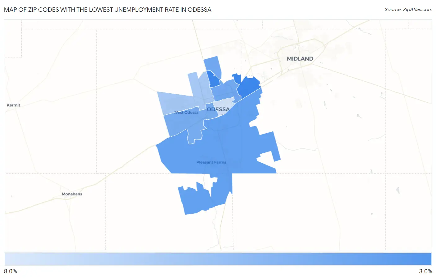 Zip Codes with the Lowest Unemployment Rate in Odessa Map