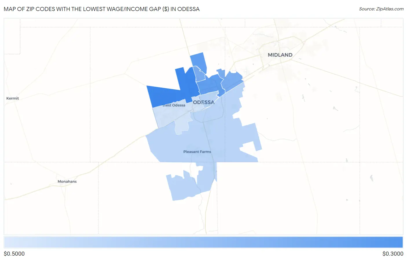 Zip Codes with the Lowest Wage/Income Gap ($) in Odessa Map