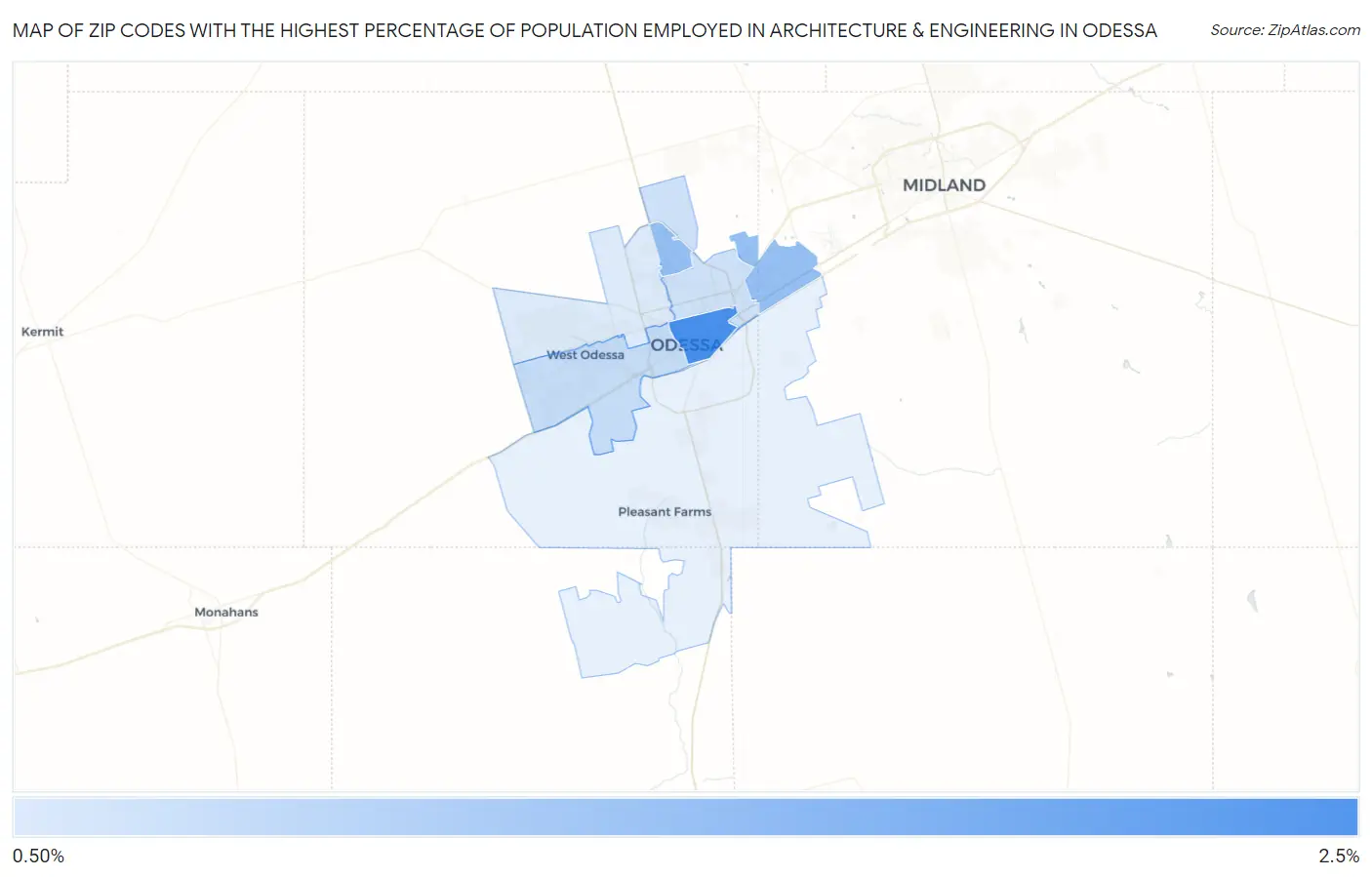 Zip Codes with the Highest Percentage of Population Employed in Architecture & Engineering in Odessa Map