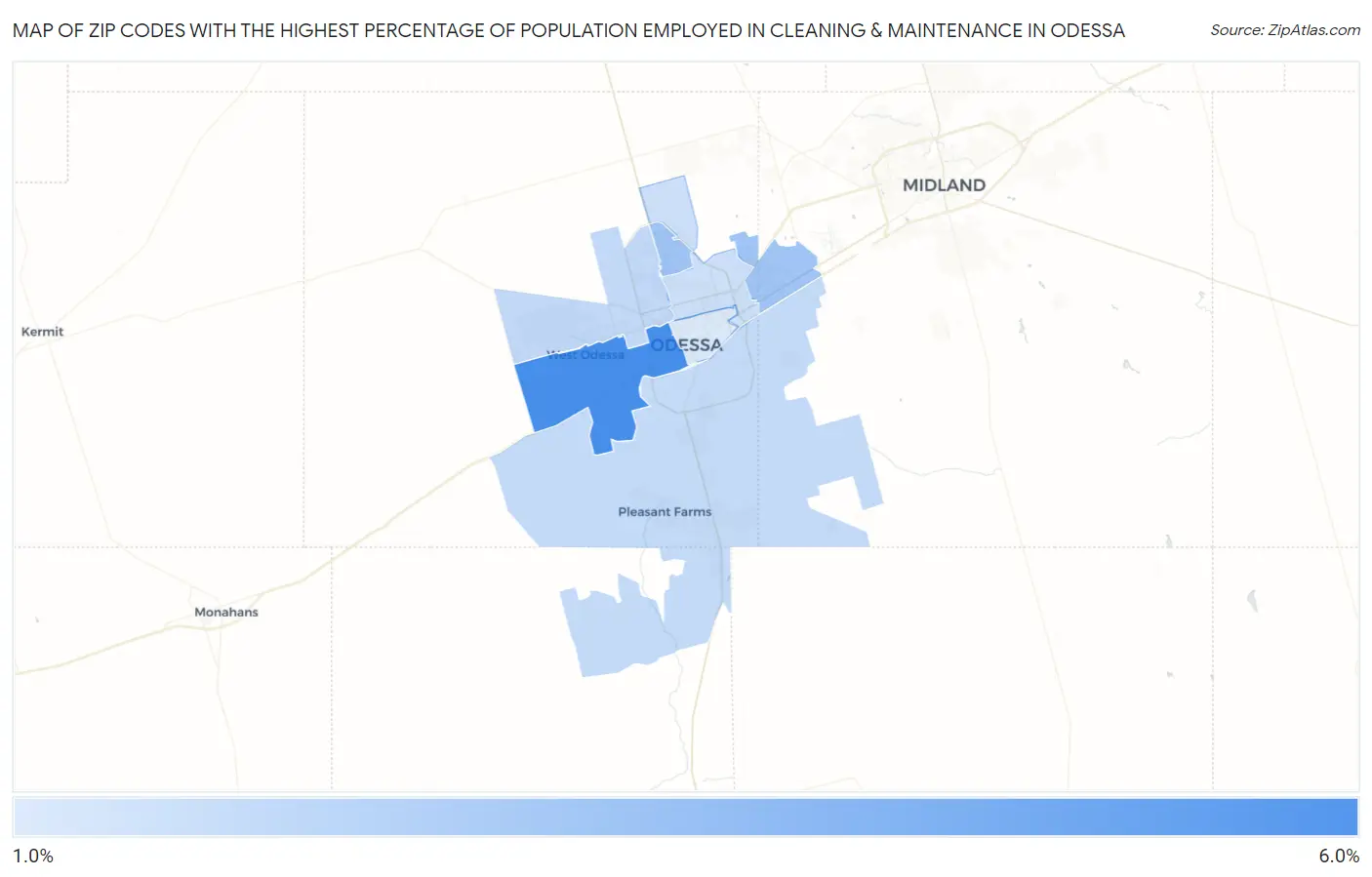 Zip Codes with the Highest Percentage of Population Employed in Cleaning & Maintenance in Odessa Map
