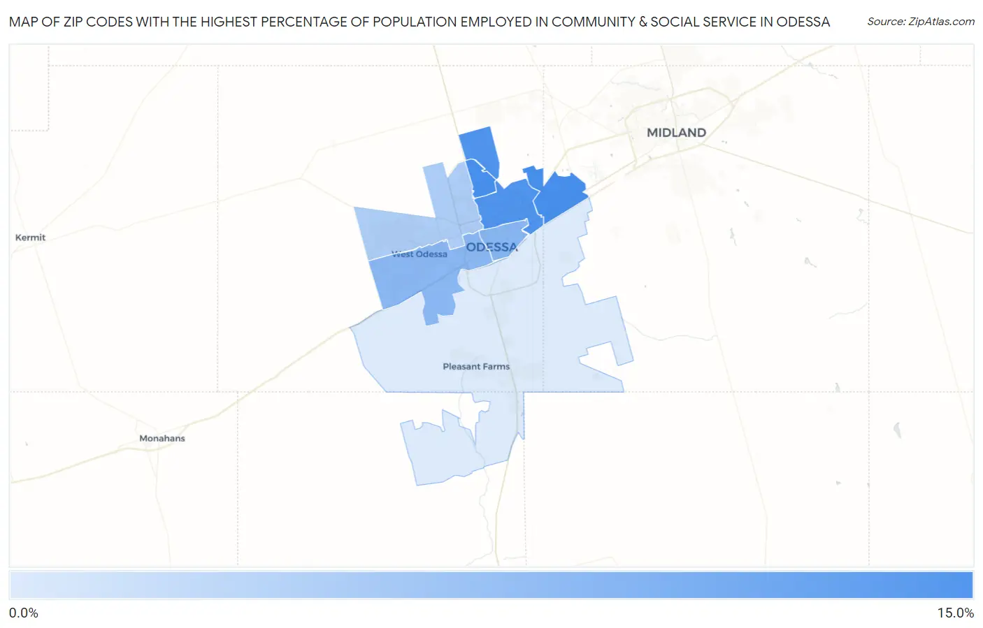 Zip Codes with the Highest Percentage of Population Employed in Community & Social Service  in Odessa Map