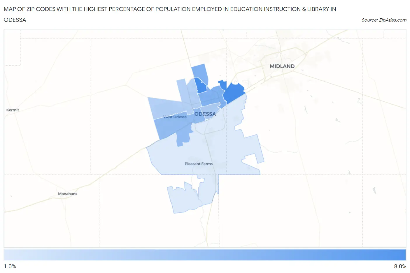 Zip Codes with the Highest Percentage of Population Employed in Education Instruction & Library in Odessa Map
