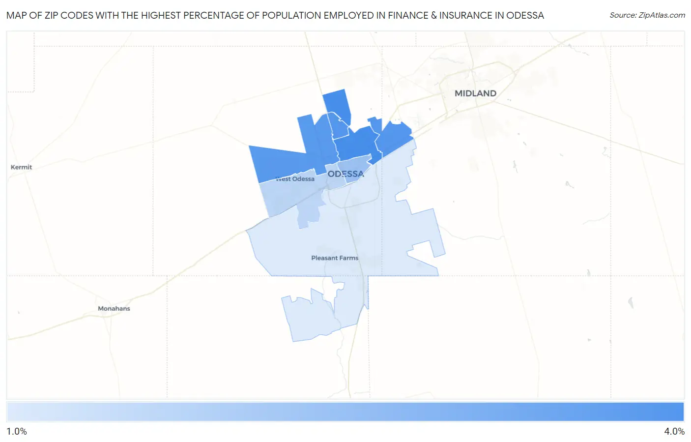 Zip Codes with the Highest Percentage of Population Employed in Finance & Insurance in Odessa Map